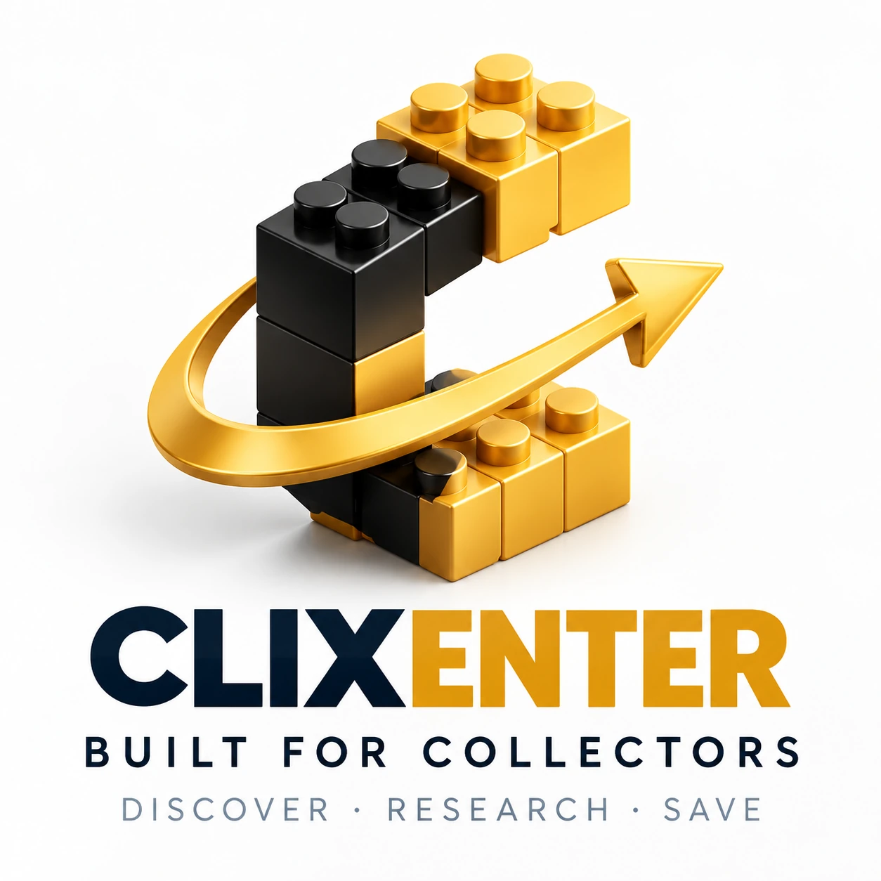 CLIXENTER black and gold building-brick C with gold click arrow; Built for Collectors